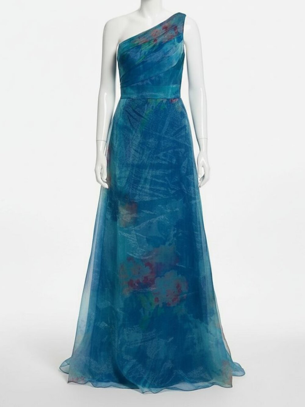 Rene Ruiz Women's Blue One-Shoulder Floral Organza Gown Dress Size 16
